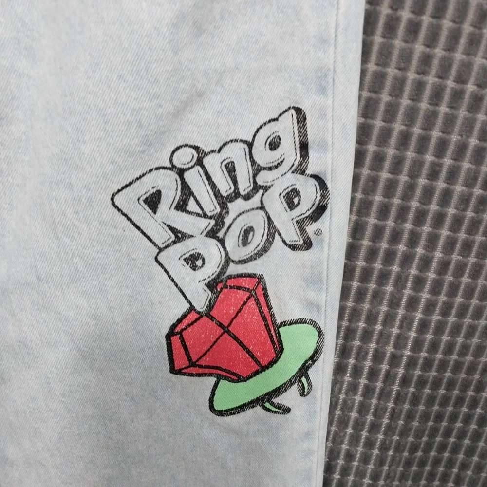 Justice Baggy Jeans Girls Bazooka Ring Pop Graphic Light Wash 12 Blue Y2K